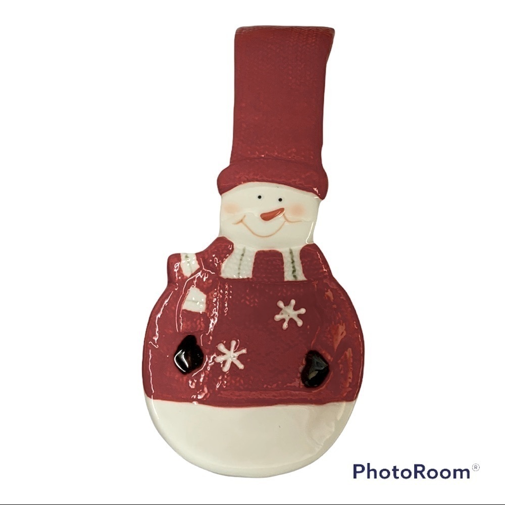 Snowman Hand Painted Spoon Rest Glazed Ceramic Kitchen Christmas Decor